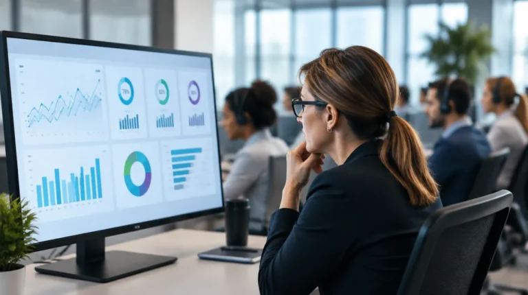 Call center manager reviewing CRM performance metrics