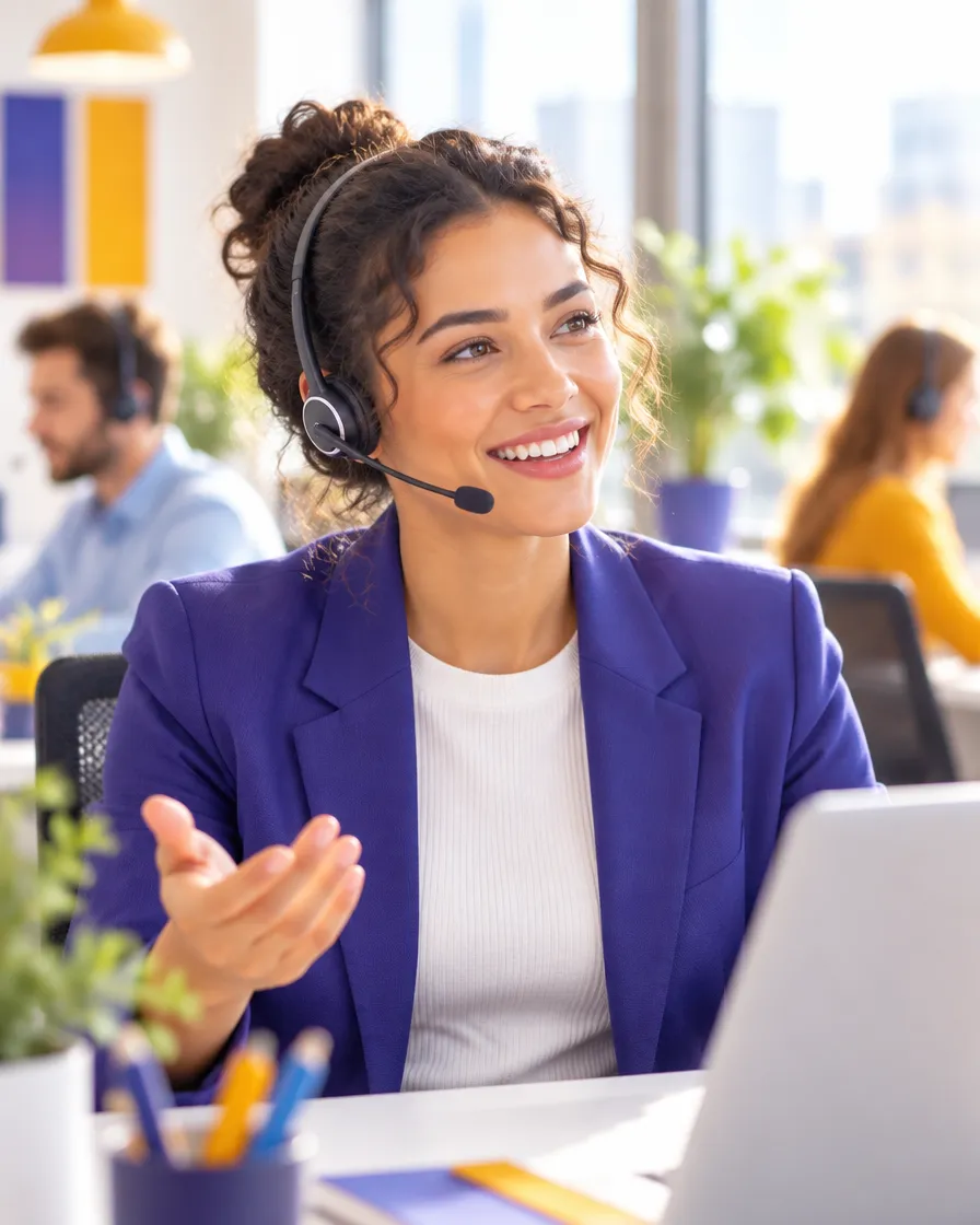 Smiling support agent in a headset talking with a customer at her laptop