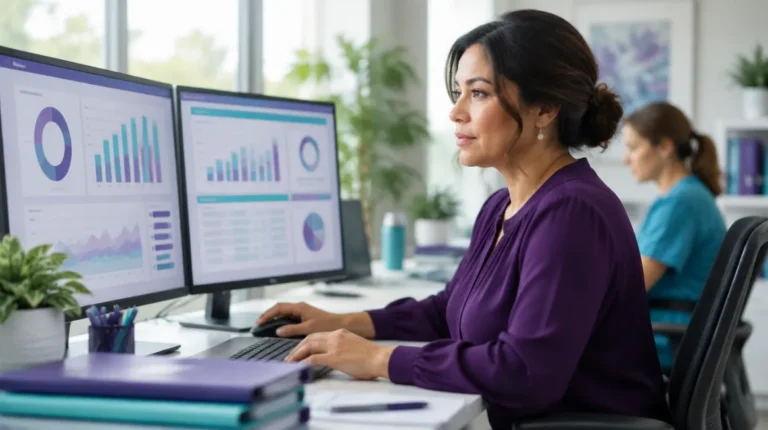 Revenue cycle specialist reviewing healthcare claims dashboards