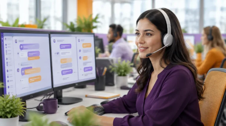 Live chat agent handling several customer conversations on dual monitors