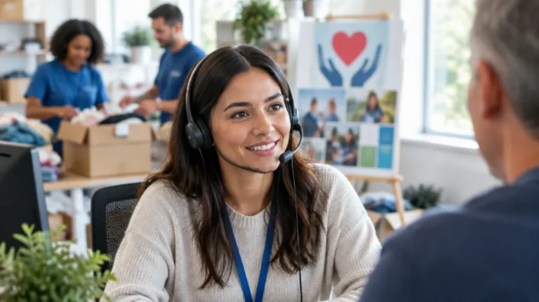 Call center agent speaking with a donor at a nonprofit support office