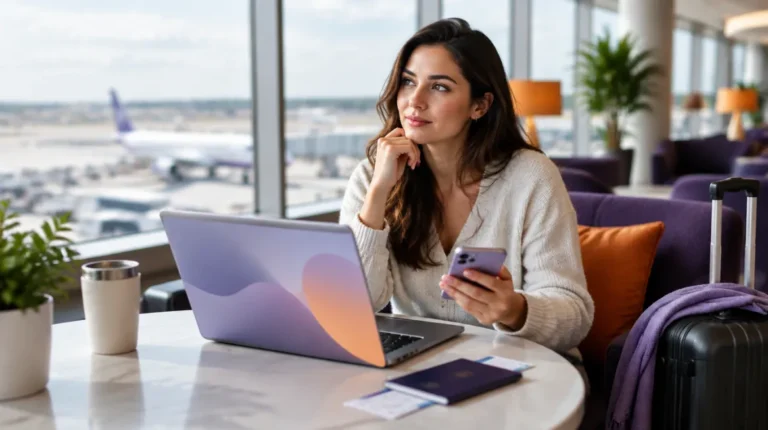 Traveler in an airport lounge pausing before completing an online booking