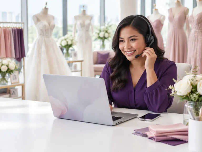 Customer care agent supporting a bridal fashion shopper, with wedding gowns on display behind her