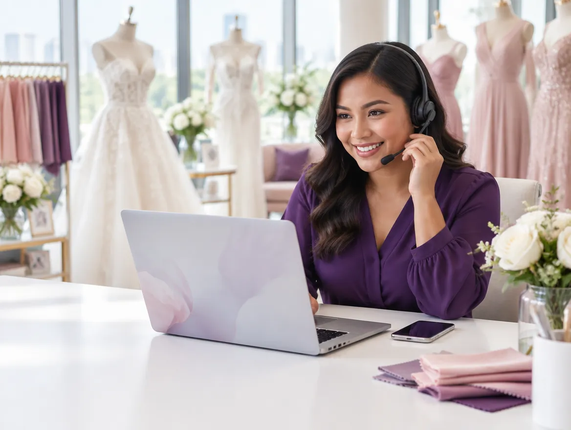 Customer care agent supporting a bridal fashion shopper, with wedding gowns on display behind her