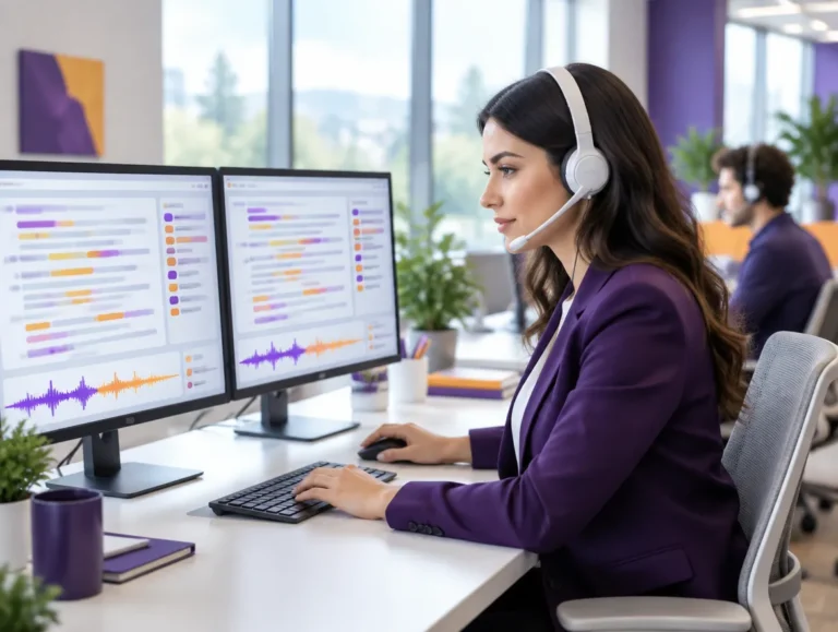 Compliance analyst reviewing annotated call transcripts and speech waveforms for a lending company