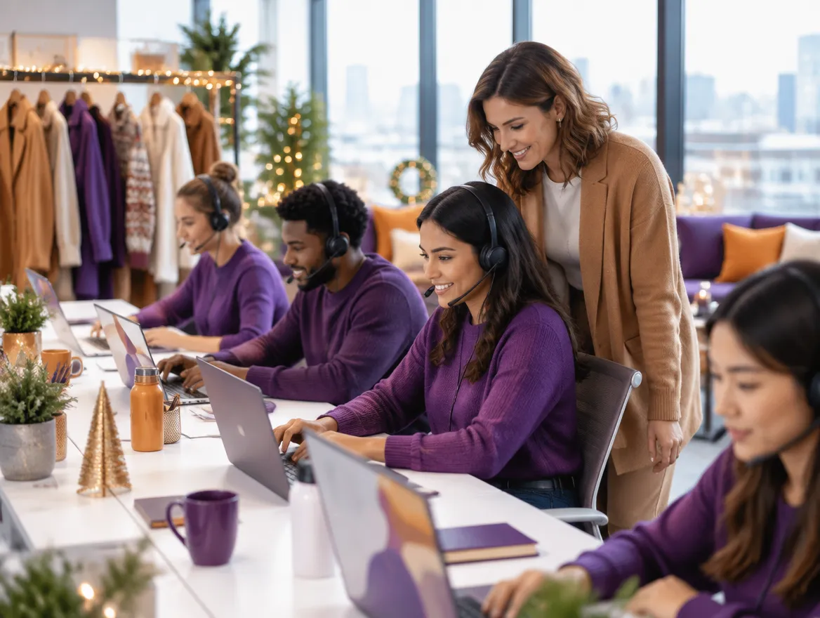Peak-season customer care team for a heritage apparel retailer, agents in headsets beside racks of coats and knitwear