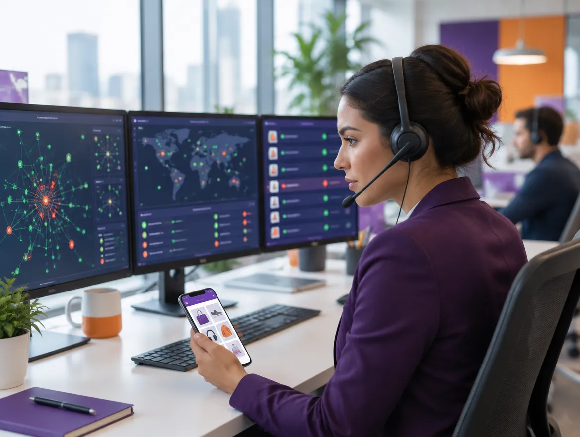 Fraud analyst monitoring marketplace transactions on risk dashboards and a shopping app