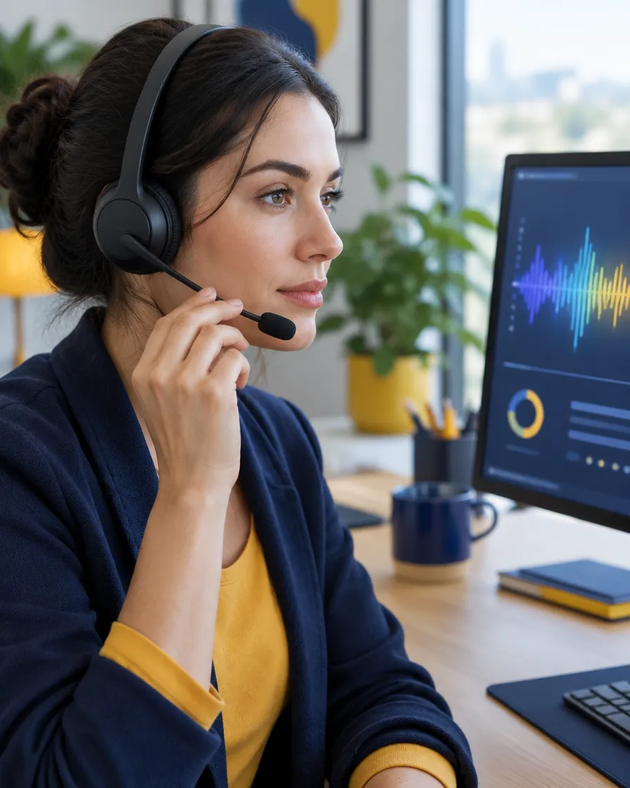 Agent at a quiet workstation wearing a headset while an abstract audio waveform glows on screen