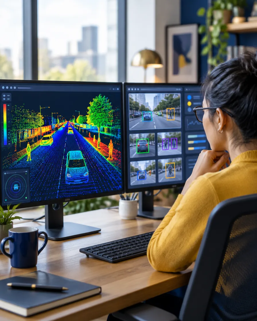 Autonomous vehicle sensor data being reviewed as annotated point clouds on a workstation