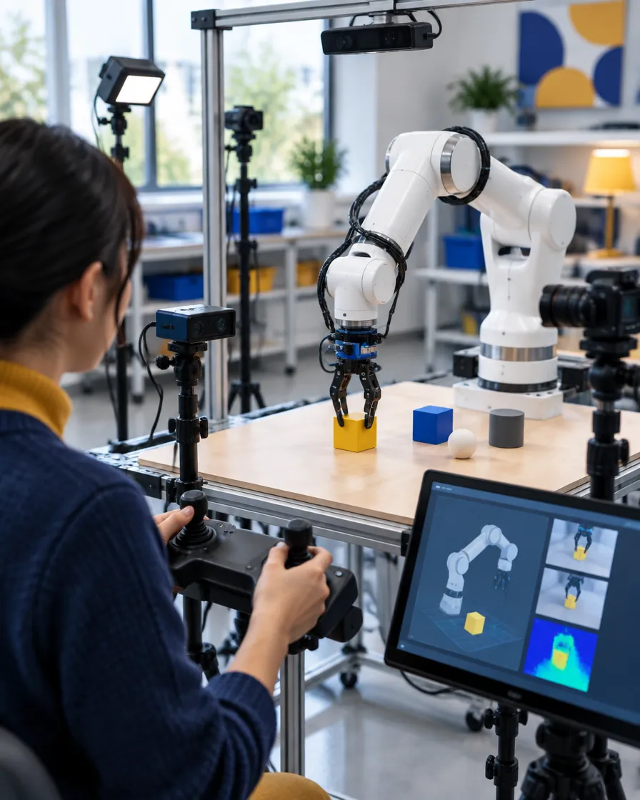 Engineer guiding a robotic arm through a task while sensors capture training data