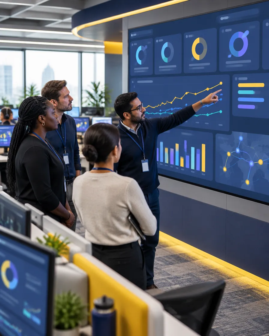 Telecom support team reviewing quality scores together on a large display