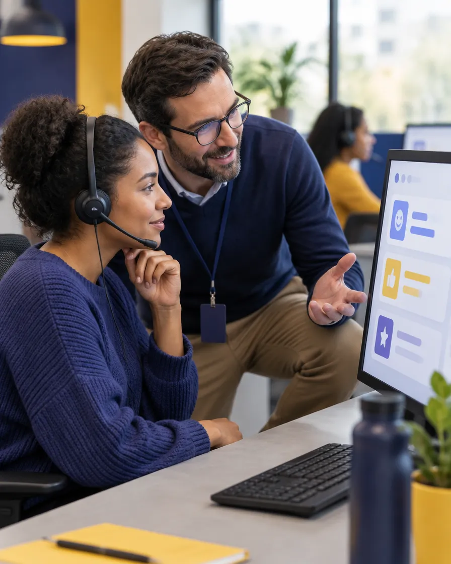 Contact center agent receiving coaching feedback from a team lead at her workstation