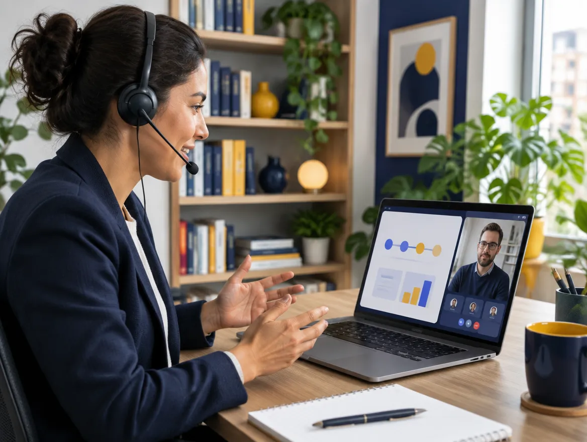 Fusion CX quality consultant discussing an AI QMS rollout with a client over video