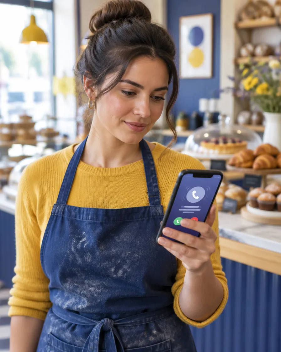 Small business owner receiving an automated appointment reminder call on her phone