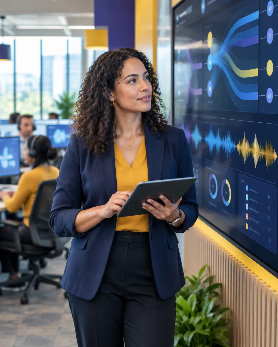 Contact center supervisor monitoring live AI voice conversations on an abstract dashboard