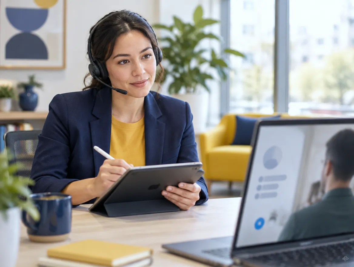 Fusion CX solutions consultant on a video call planning an AI voice agent rollout