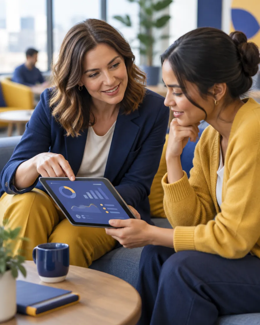 Team leader and agent reviewing personalized performance insights together on a tablet