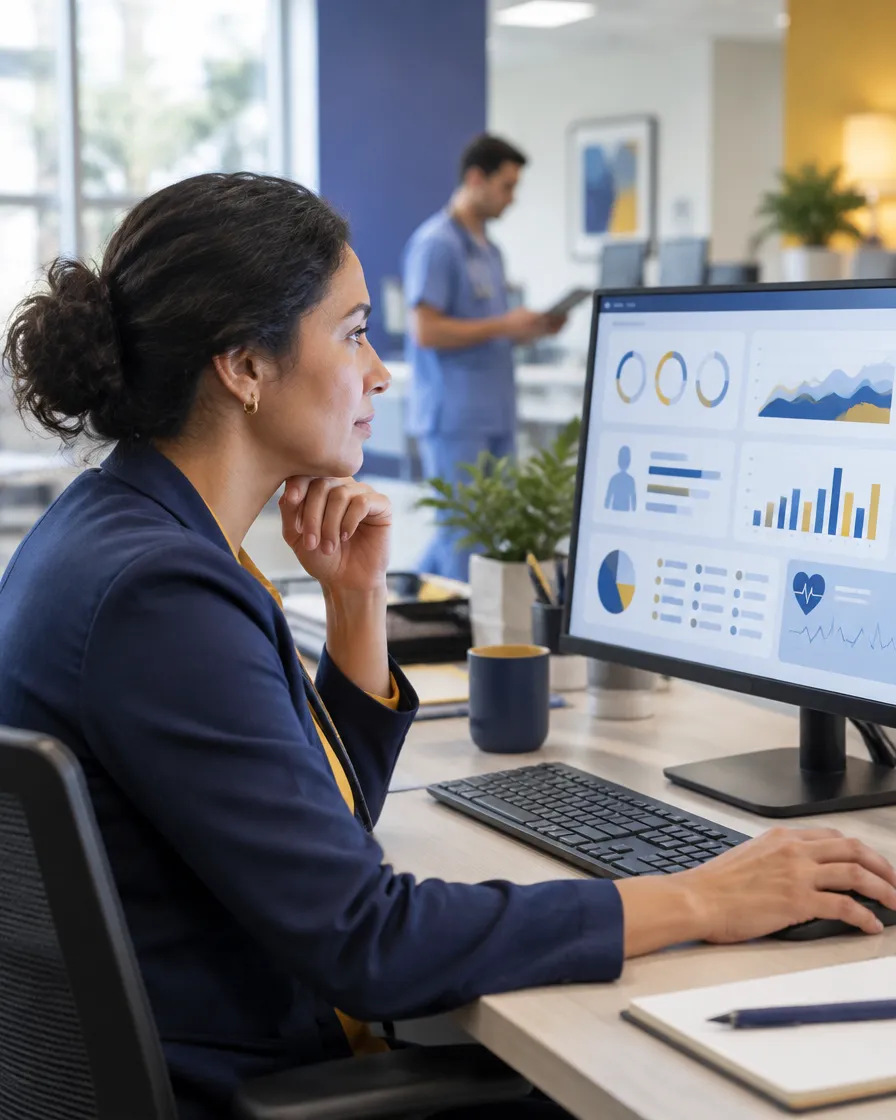 Healthcare administrator reviewing automated patient data summaries at a hospital workstation