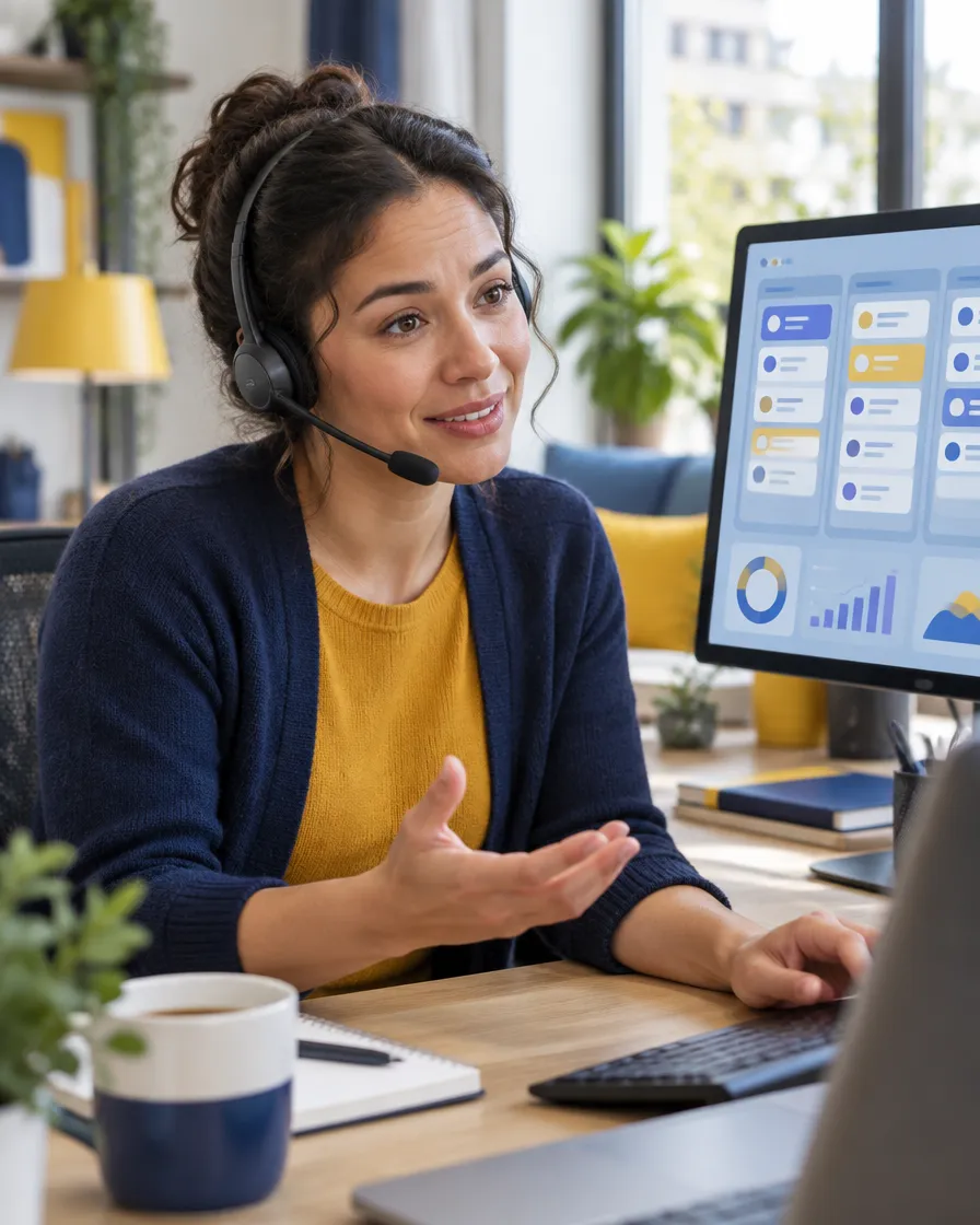 Customer service agent resolving a complex case while automation handles routine tasks on screen