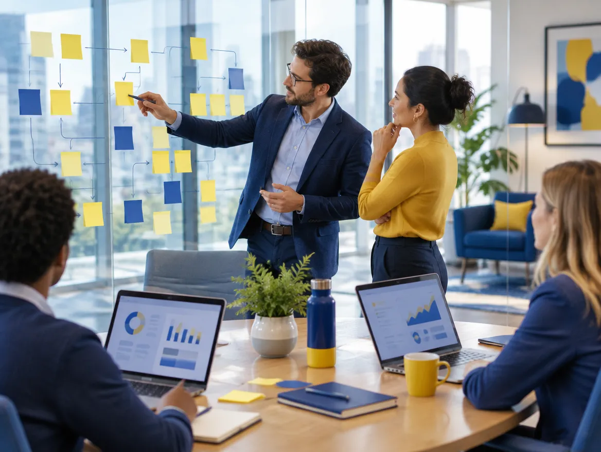 Fusion CX automation consultant mapping a process with a client around a conference table