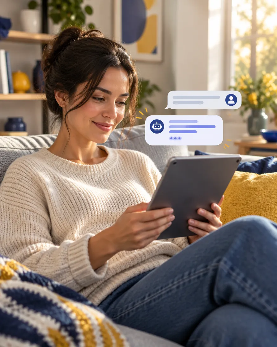 Customer getting an instant answer from a brand chatbot on a tablet at home