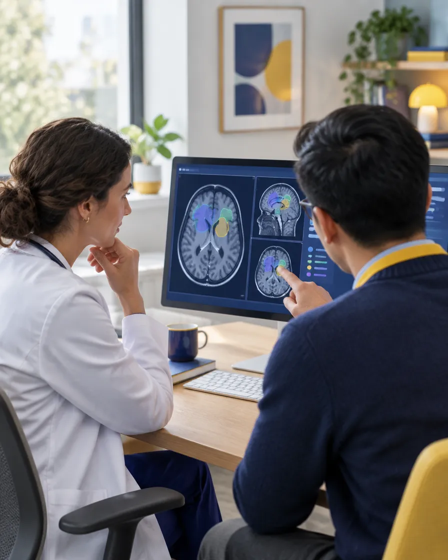 Clinician and data specialist reviewing annotated medical scans together