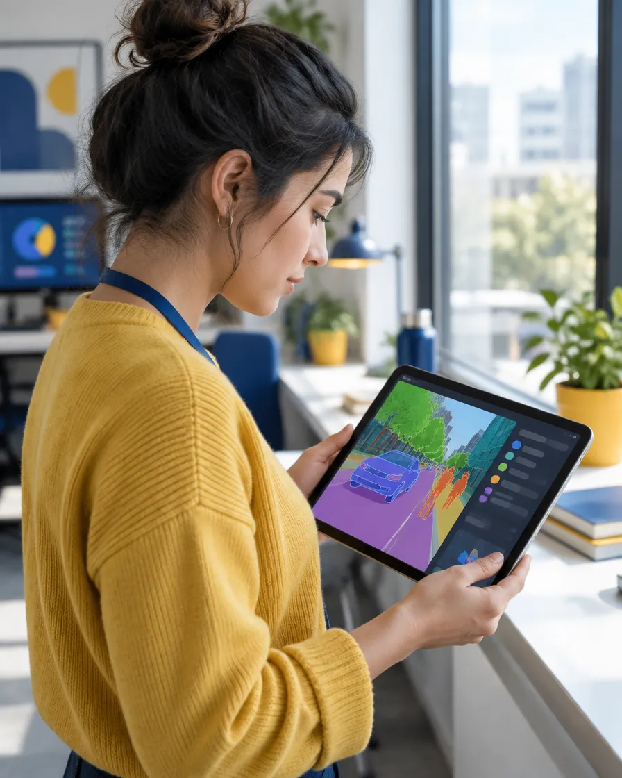 Annotation specialist reviewing labeled image segments on a tablet in a bright office