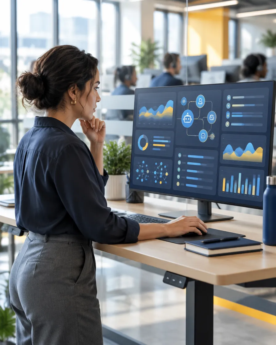 Analyst working with automation dashboards beside a contact center team