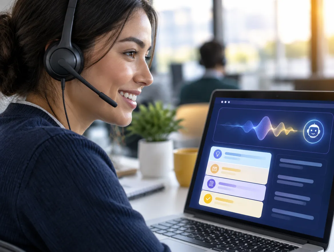 Contact center agent with a headset working alongside AI-assisted tools on a laptop