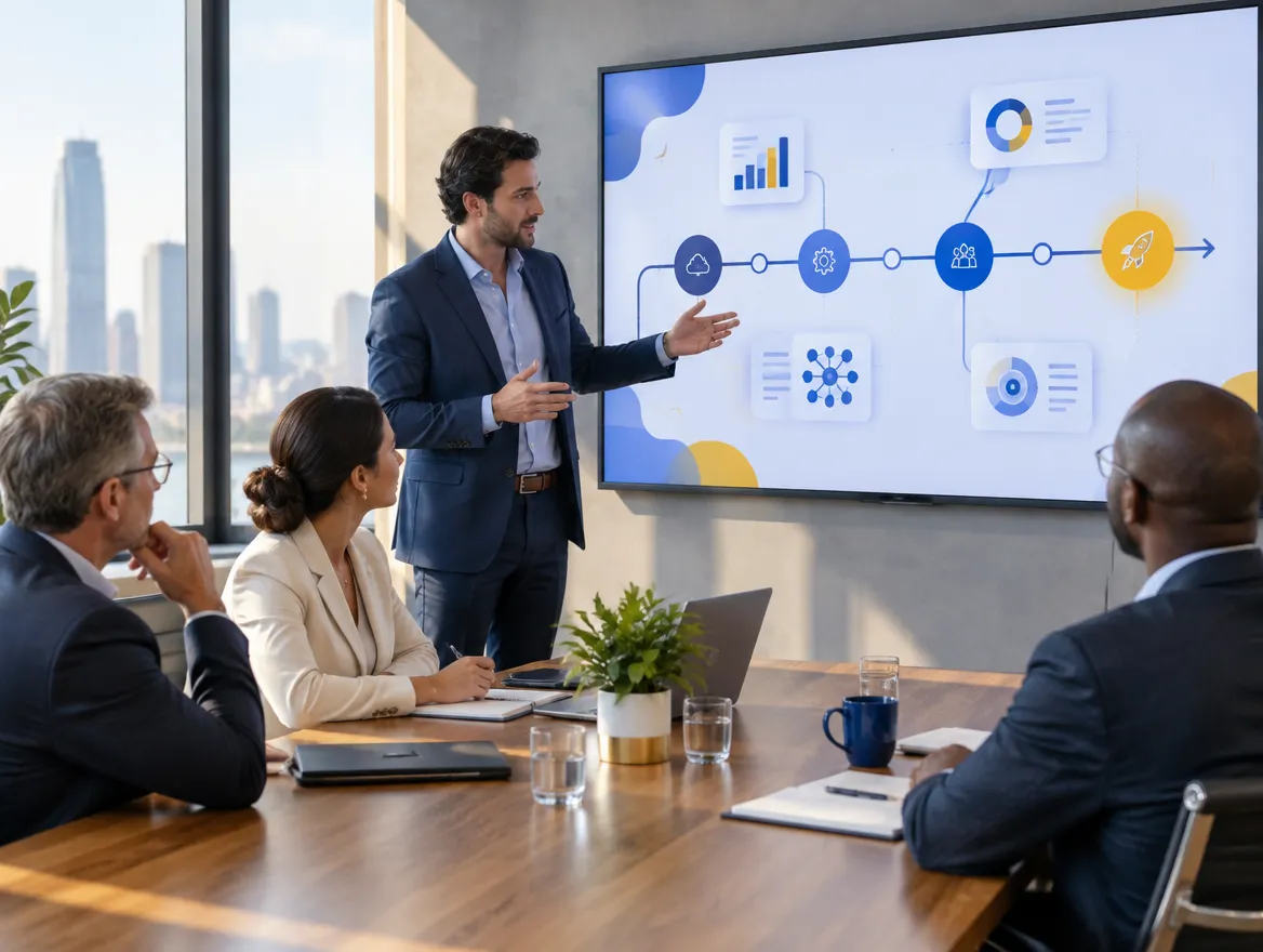 Fusion CX consultant presenting a digital transformation roadmap to a client team in a meeting room