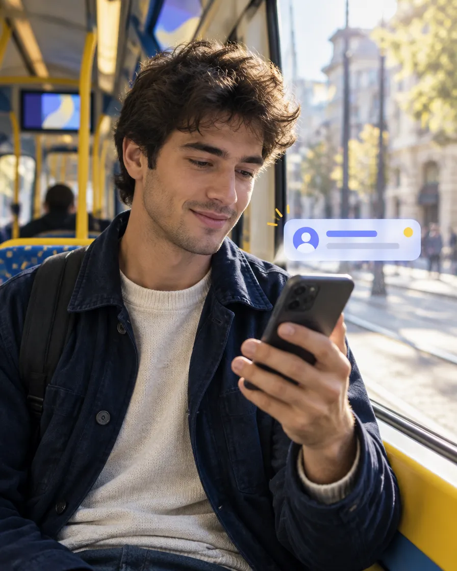 Customer receiving a personalized brand message on her phone while commuting