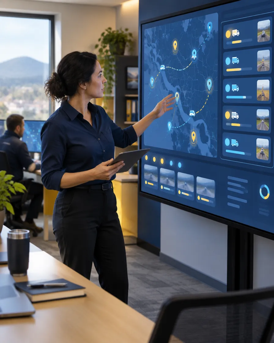 Operations manager monitoring field team locations and tasks on a large dashboard