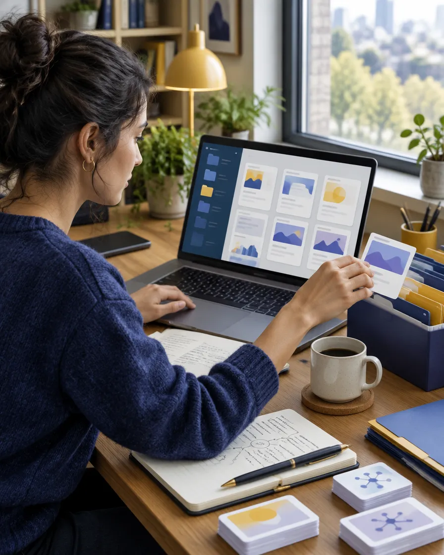 Knowledge manager organizing support articles on a laptop in a bright office