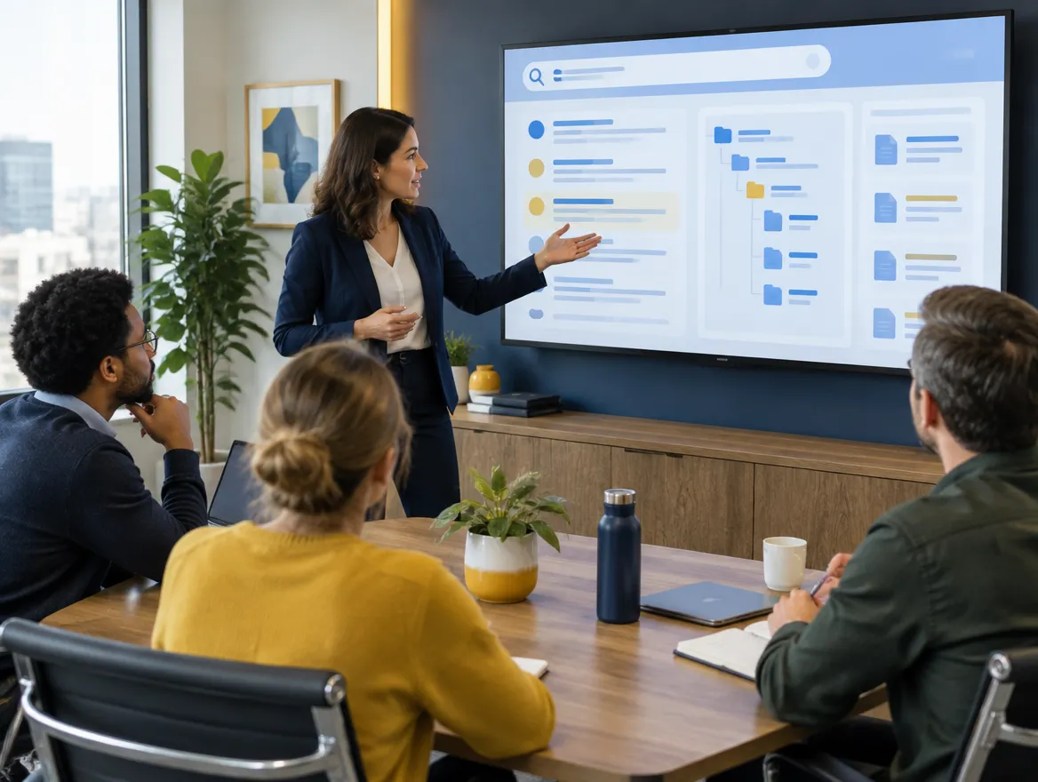 Fusion CX consultant walking a client team through a knowledge base setup in a meeting room