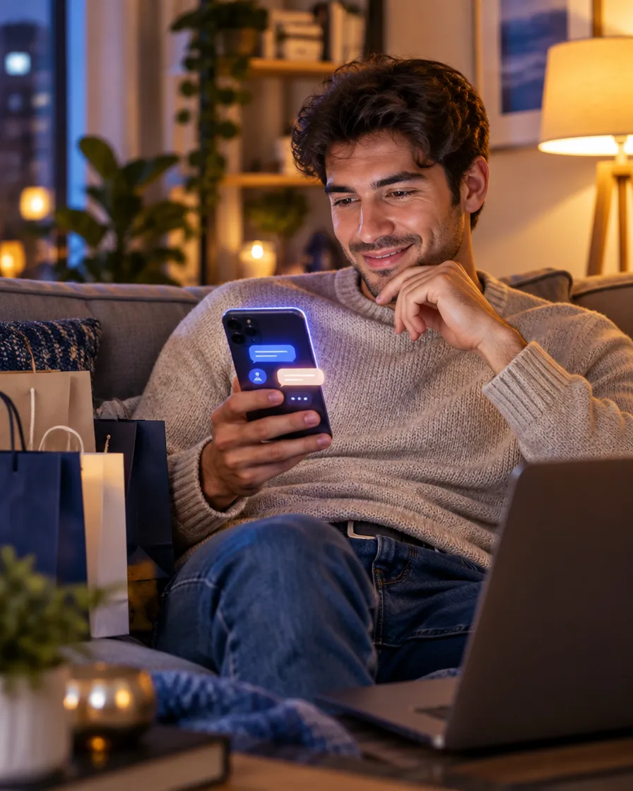 Online shopper getting instant help from a brand through a chat on his phone