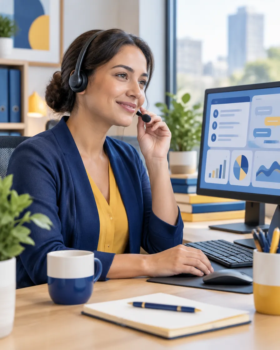 Bank customer service agent helping a caller with clear, scripted guidance at her desk