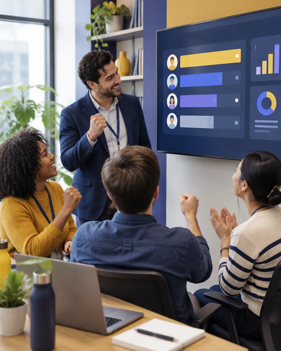 Team lead reviewing an agent leaderboard with her team in a modern contact center