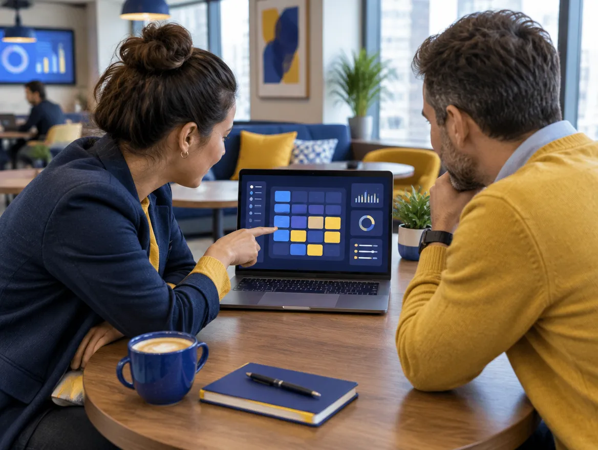 Fusion CX consultant demonstrating a soundboard workflow to a client on a laptop