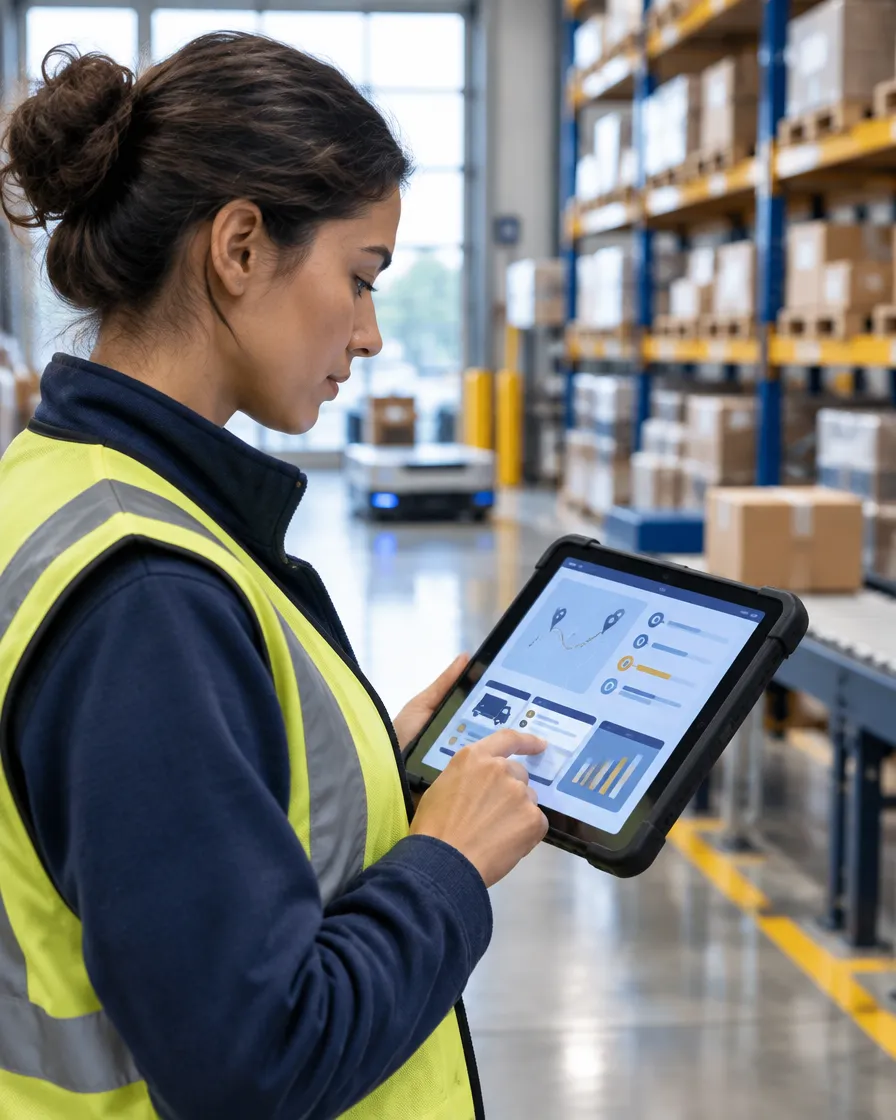 Logistics coordinator checking automated shipment updates on a tablet in a warehouse
