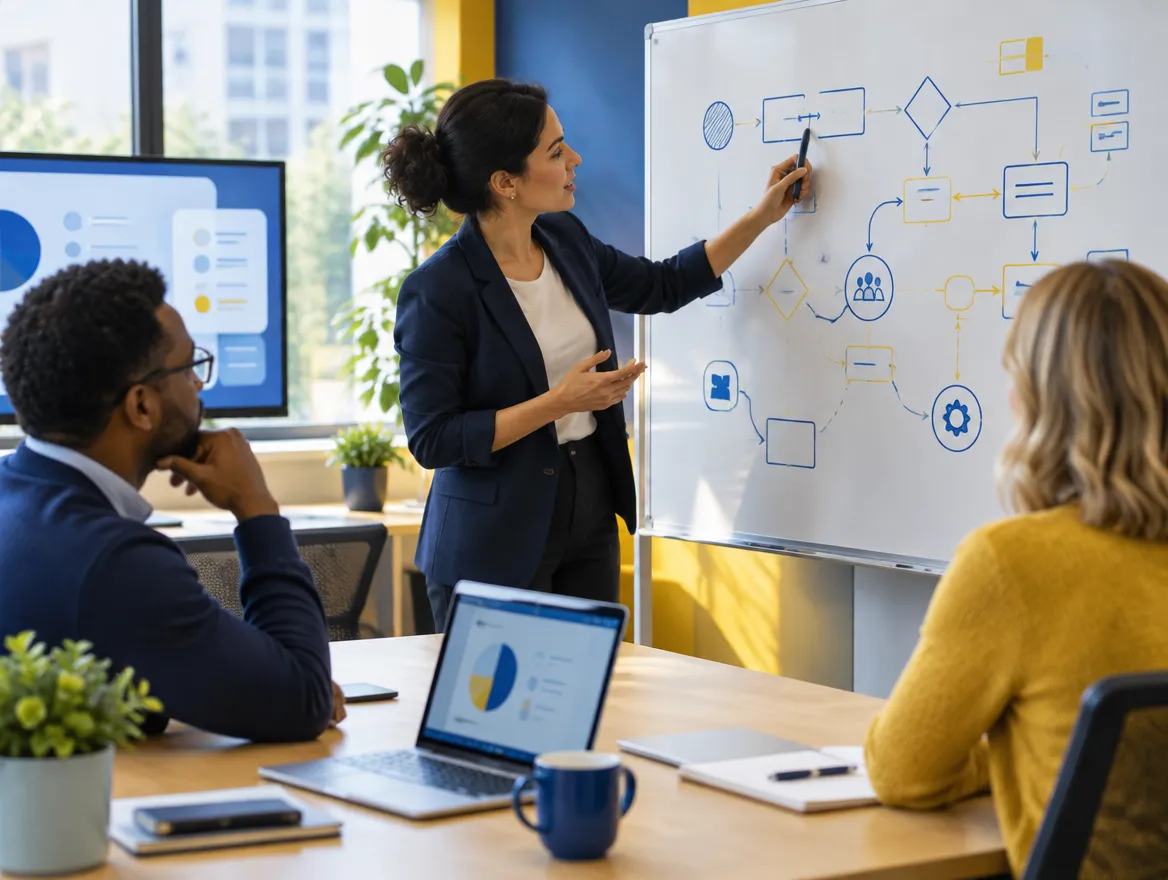 Fusion CX automation consultant mapping a client’s processes on a whiteboard