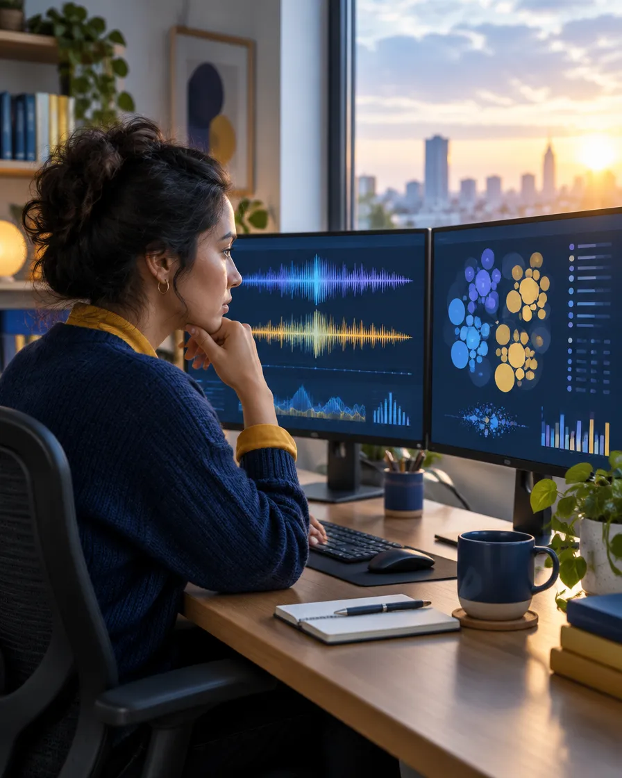 Analyst studying voice waveforms and theme clusters across two monitors
