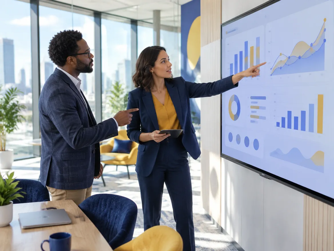 Fusion CX analytics consultant walking a client through call insights in a meeting room
