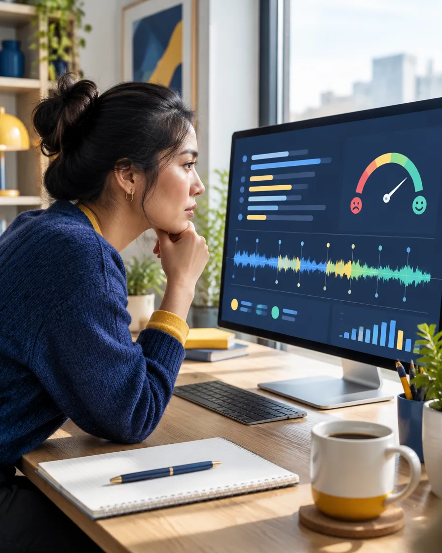 Quality analyst reviewing call transcripts and sentiment trends on a large monitor