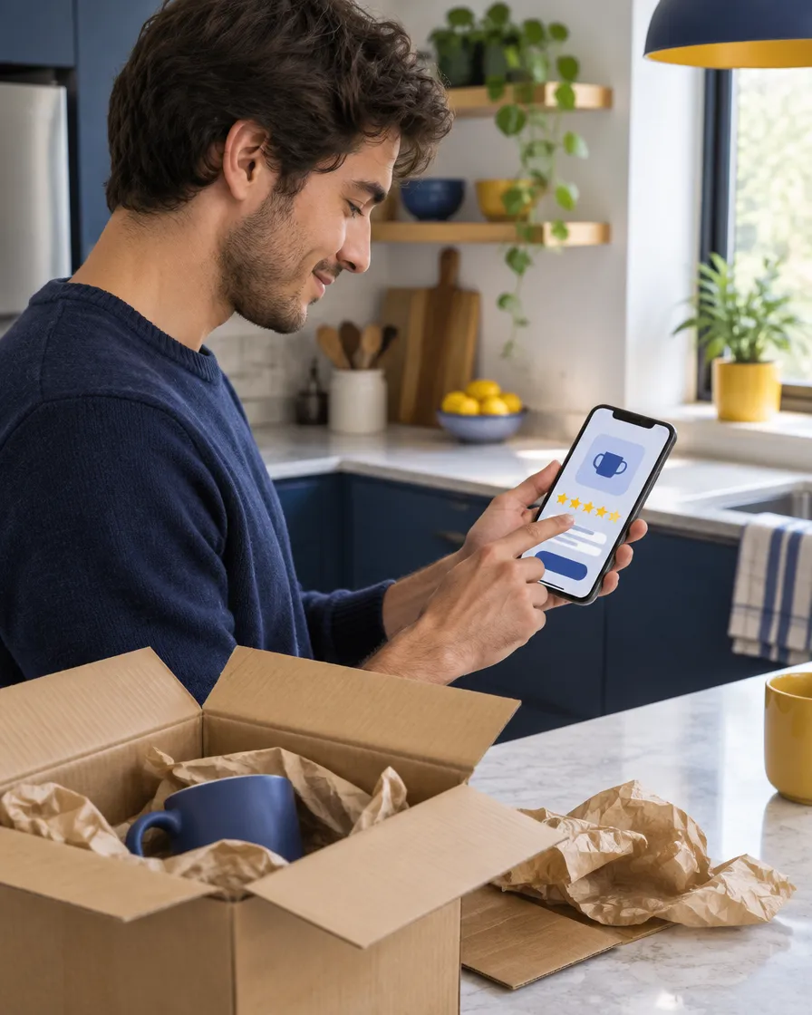 Customer leaving a product review on her smartphone after an online purchase