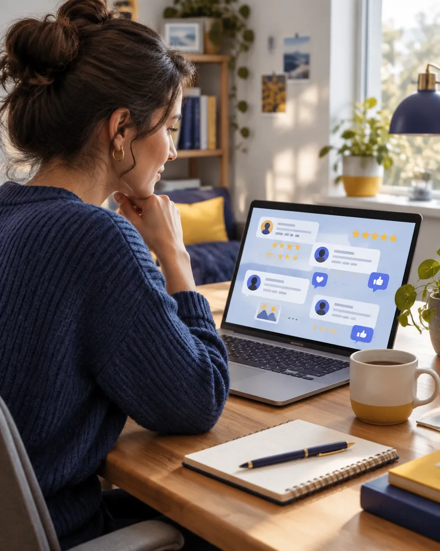 Brand manager reading customer reviews and social comments on her laptop