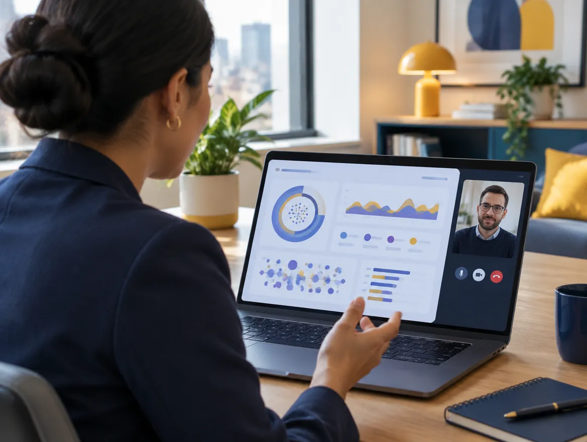 Fusion CX consultant presenting a social listening dashboard to a client on a video call