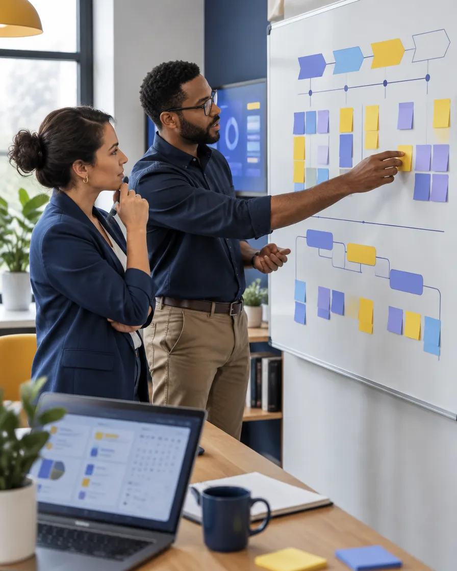 HR and operations leads planning team schedules together at a whiteboard