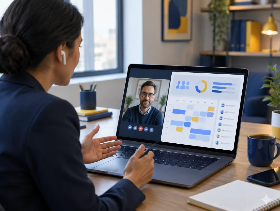 Fusion CX solutions consultant discussing a workforce management rollout on a video call