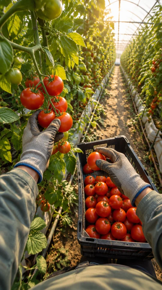 First-person view of hands picking tomatoes in a greenhouse