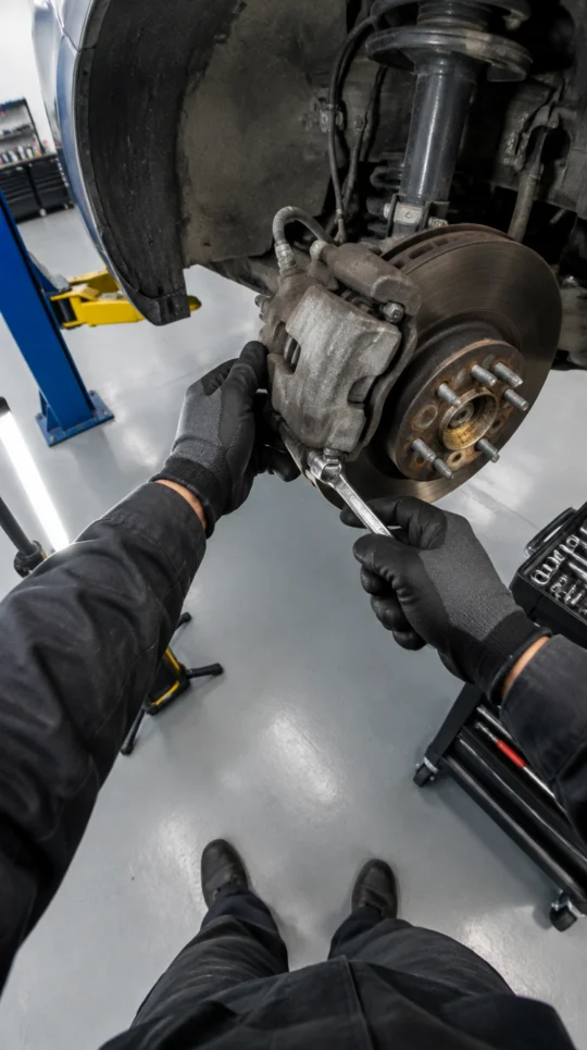 First-person view of gloved hands turning a wrench on a brake caliper